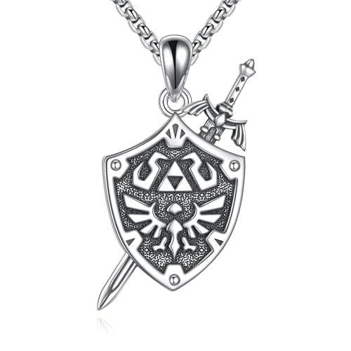 YFN Zelda Halskette Sterling Silber Anime Anhänger Kette Zelda Schmuck Geschenke für Herren Damen Jungen Mädchen (Schwert und Schild) von YFN