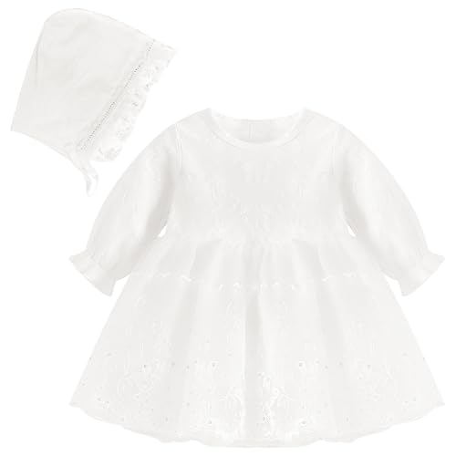 YFNVH 2 Stück Baby Mädchen Taufkleid 9-12 Monate Kleinkind Neugeborene Weiß Spitze Taufkleid mit Hut Langarm Outfit für Baby Shower Hochzeit Geburtstag Party von YFNVH