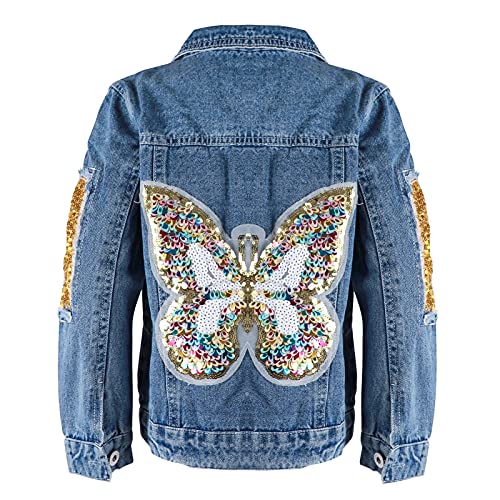 YFPICO Jeansjacke Mädchen mit Pailletten Revers SüßE Oberbekleidung üBergangsjacken Frühlings Herbstkleidung Kinder (Blau,134/140) von YFPICO