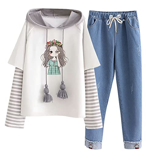 YFPICO Jogginganzug Teenager Mädchen Trainingsanzug Bekleidungsset Hoodie Jeans Hose 2tlg Kinder Gedruckt Kapuzenpullover Jeanshose Zweiteiler Sportanzug Frühling Herbst Freizeitanzug von YFPICO