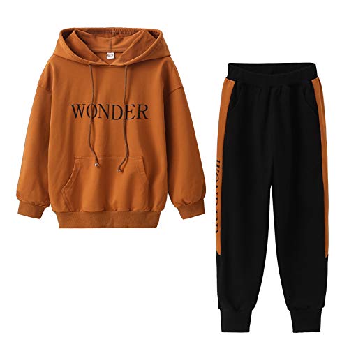 YFPICO Kinder Mädchen Trainingsanzug Jogginganzug Sportanzug 2tlg Jogging Anzug Bekleidungsset Freizeitanzug Outfit-Set(Sweatshirt + Sweathose) Briefe Streifen Design, Braun, 116 (Label 120) von YFPICO