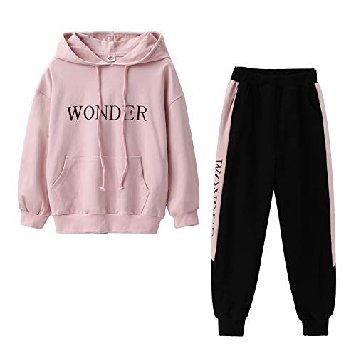 YFPICO Kinder 2tlg Jogginganzug Mädchen Trainingsanzug Outfit-Set(Sweatshirt + Sweathose) Buchstabe Sportanzug Freizeitanzug, Rosa, 164 (Herstellergröße 170) von YFPICO