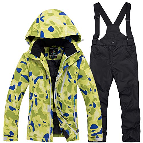 YFPICO Kinder Jungen Mädchen Skianzug Zweiteilig Skijacke + Skihose Outdoor Warm Schneeanzug Wasserdicht Winddicht, Grün Skijacke + Schwarz Skihose,164 von YFPICO