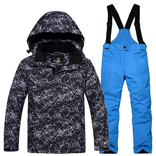 YFPICO Kinder Mädchen Jungen Skianzug Zweiteilig Verdickte Skijacke + Skihose Funktionsanzug Schneeanzug Regenjacke Schneehose Wasserdicht, Schwarz Skijacke + Blau Skihose, 134-140 von YFPICO