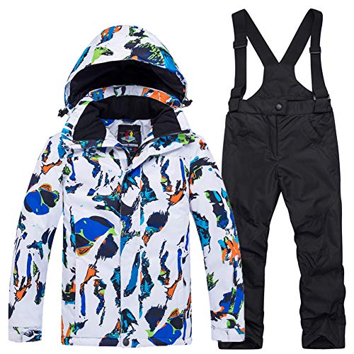 YFPICO Kinder Mädchen Jungen Skianzug Zweiteilig Verdickte Skijacke + Skihose Funktionsanzug Schneeanzug Regenjacke Schneehose Wasserdicht, Weiß Blau Skijacke + Schwarz Skihose, 146 von YFPICO