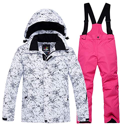 YFPICO Kinder Mädchen Jungen Skianzug Zweiteilig Verdickte Skijacke + Skihose Funktionsanzug Schneeanzug Regenjacke Schneehose Wasserdicht, Weiß Skijacke + Gelbrot Skihose, 134-140 von YFPICO