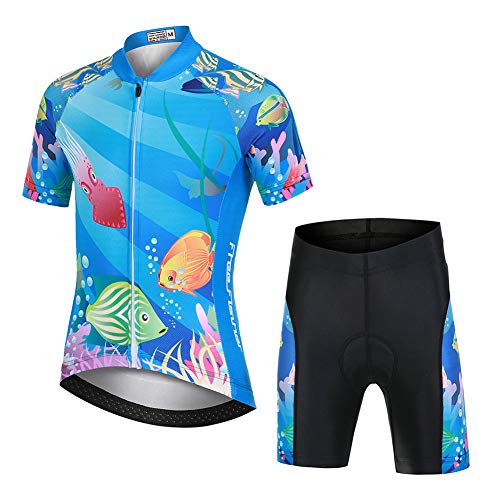 YFPICO Kinder Radtrikot Set Fahrrad Trikot Kurzarm + Radhose mit Sitzpolster Radsport-Anzüge Jungen Mädchen Fahrradbekleidung, Fische Set, S(104/110) von YFPICO