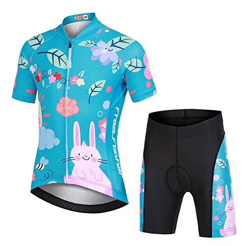 YFPICO Kinder Radtrikot Set Jungen Mädchen Fahrrad Trikot Kurzarm + Radhose mit Sitzpolster, Blumen-Fuchs(Bausatz), L von YFPICO