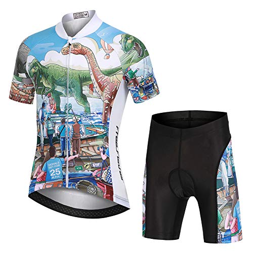 YFPICO Kinder Radtrikot Set Jungen Mädchen Fahrrad Trikot Kurzarm + Radhose mit Sitzpolster, Dinosaurier, L(122/128) von YFPICO