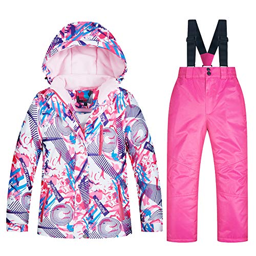 YFPICO Kinder-Skijacke und Hosen-Set,Kinder Skianzug Mädchen Integrierter Schneefang Fleece gefüttert,für Snowboarden im Winter, 5+Rosa, 152-158 von YFPICO