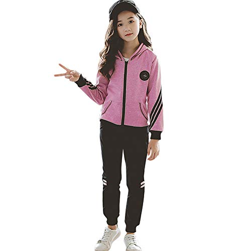 YFPICO Mädchen Trainingsanzug Sportanzug Jogginganzug 3 Teilig Einfarbig Freizeitanzug Kapuzenpullover Sport Jogging Anzug Reißverschluss, Rose Red（2 Stücke）, 104/110 von YFPICO