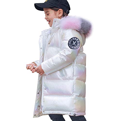 YFPICO Mädchen Verdickte Daunenjacke Gekritzelmuster Wintermantel Mädchen Kinder mit Fellkapuze Warm Parka Outwear, Weiß, 164(Etikettengröße:170) von YFPICO