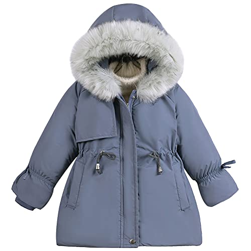 YFPICO Mädchen Winterjacke Parka Fleecefutter Jacke mit Fellkapuze Kapuze,Mädchen Gefüttert Warm Winterparka Wintermantel Kinderjacke Blau 104-110 von YFPICO