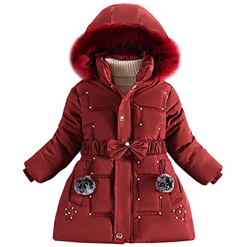 YFPICO Mädchen Wintermantel Fleecefutter Verdickt Winterjacke mit Abnehmenbarer Fellkapuze,Mädchen Verdicken Steppjacke Gepolsterte Warme Perlenschnallenjacke von YFPICO