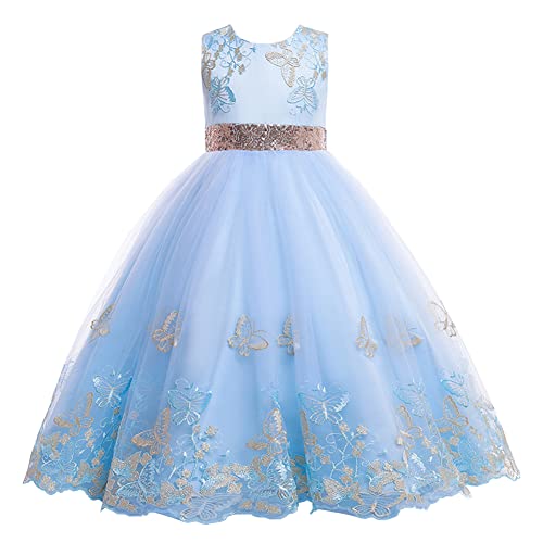 YFPICO Prinzessin Kleid Mädchen Lang Kleider Mädchen Kinder Festlich Elegant Gestickte Schleife Tüll Abendkleid Hochzeit Brautjungfer Blumenmädchen Geburtstag Party Cocktail Ballkleid Gr.116 von YFPICO