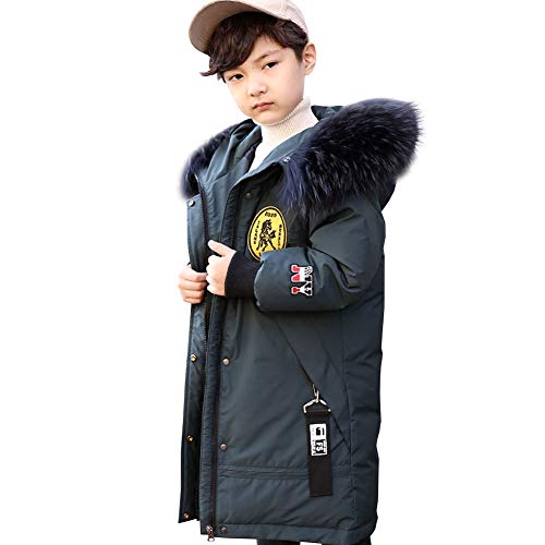 YFPICO Winterjacke Jungen Lang Verdicken Baumwollefutter mit Fellkapuze,Kinder Stickerei Winterjacke Jungen Winddicht Wasserdicht Winterjacke von YFPICO