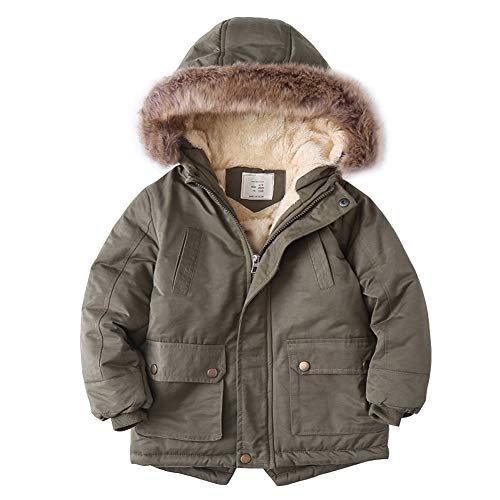 YFPICO Winterjacke Kinder Jungen Wintermantel Parka Kunstfellbesatz Jungen Herbst Winter Dicke Jacket, Grün, 116(Etikettengröße: 120) von YFPICO