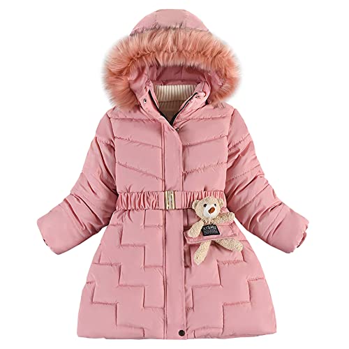 YFPICO Winterjacke Mädchen Fleecefutter Verdicken Wärme Winterjacke mit Abnehmbar Fellkapuze,Kinder Winterjacke Slim Anmut mit Gürtel mit Bärenpuppe für Mädchen von YFPICO