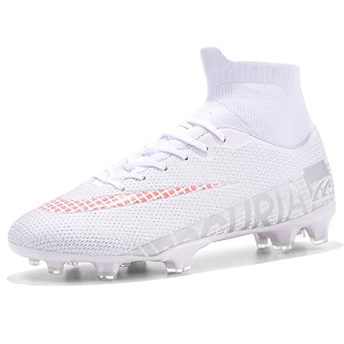 High-Top Fußballschuhe Jungen Fußballschuhe für Herren Sneaker Turf Fußball Stollen Jugendliche Fußballschuhe Fester Boden, Weiss/opulenter Garten, 44.5 EU von YFRDV