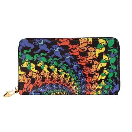 YFSGDLBN Bear Dancing Tie Dye Printed Long Genuine Leather Wallet Coin Purse Clutch Wallet Zip Card Storage Bag von YFSGDLBN