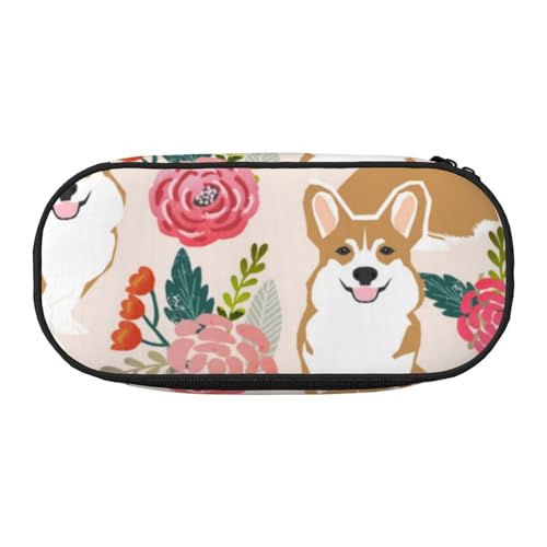 YFSGDLBN Corgi Federmäppchen mit Blumenmuster, bedruckt, Federmäppchen, tragbare Schreibwaren-Tasche, Schwarz , Einheitsgröße, Münztasche von YFSGDLBN