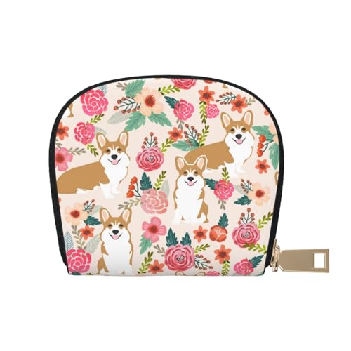 YFSGDLBN Corgi Floral Flowers Printed Leather Shell Card Bag Zip Card Holder Coin Organizer, weiß, Einheitsgröße von YFSGDLBN