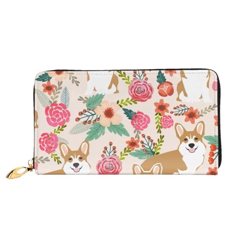 YFSGDLBN Corgi Geldbörse mit Blumenmuster, lang, echtes Leder, Geldbörse, Clutch, Reißverschluss, Kartenaufbewahrungstasche von YFSGDLBN