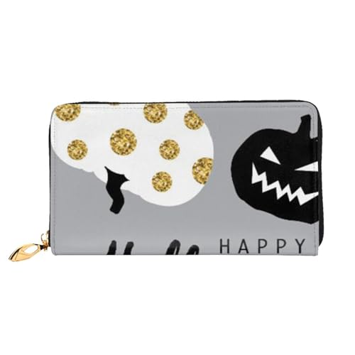 YFSGDLBN Happy-Halloween-Day-Trick-or-Treat bedruckte lange Geldbörse aus echtem Leder mit Reißverschluss für Karten von YFSGDLBN