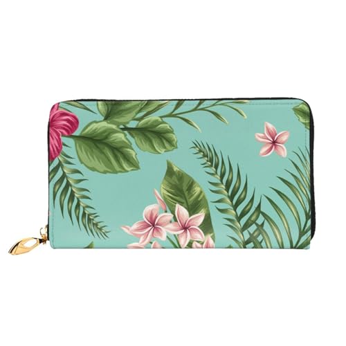 YFSGDLBN Hawaiian Tropical Leaves Flowers Printed Long Genuine Leather Wallet Coin Purse Clutch Wallet Zip Card Storage Bag von YFSGDLBN