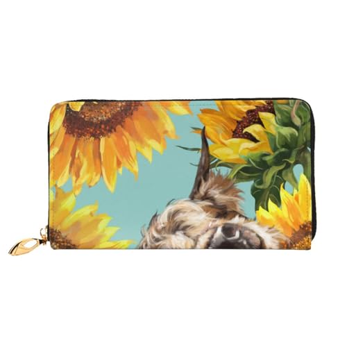 YFSGDLBN Kuh mit Sonnenblumen in Blau bedruckt lange Geldbörse aus echtem Leder Geldbörse Münzgeldbörse Clutch-Geldbörse Reißverschluss Kartenaufbewahrungstasche von YFSGDLBN