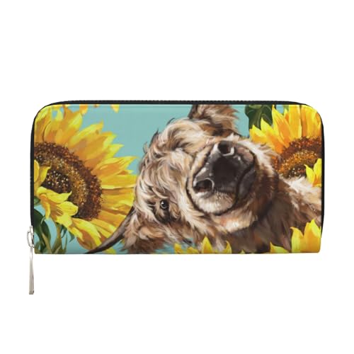 YFSGDLBN Kuh mit Sonnenblumen in blau bedrucktes Leder Handbrieftasche lang echt Leder Geldbörse Münzbörse, Schwarz , Einheitsgröße von YFSGDLBN