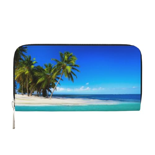 YFSGDLBN Palmen und klares Meer bedruckte Leder-Handgeldbörse lange Geldbörse aus echtem Leder Geldbörse Münzbörse, Schwarz , Einheitsgröße von YFSGDLBN