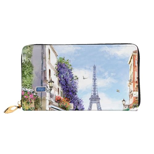 YFSGDLBN Paris Straßenszene Eiffelturm gedruckt lange Echtleder-Geldbörse Münzgeldbörse Clutch Geldbörse Reißverschluss Karte Aufbewahrungstasche von YFSGDLBN