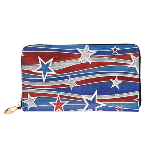 YFSGDLBN Patriotic Stars Strips Independence Day Printed Long Genuine Leather Wallet Coin Purse Clutch Wallet Zip Card Storage Bag von YFSGDLBN