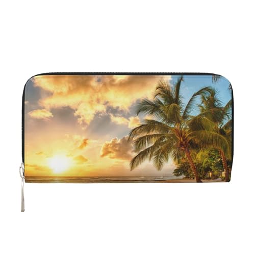 YFSGDLBN Sunset Hawaiian Palm Tree Printed Leather Hand Wallet Long Genuine Leather Wallet Coin Purse, Schwarz , Einheitsgröße von YFSGDLBN