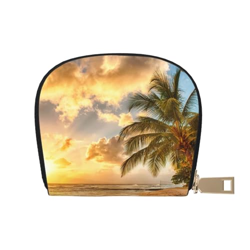 YFSGDLBN Sunset Hawaiian Palm Tree Printed Leather Shell Card Bag Zip Card Holder Coin Organizer, weiß, Einheitsgröße von YFSGDLBN