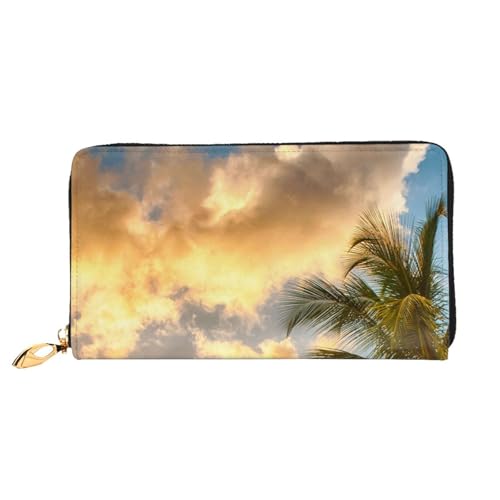 YFSGDLBN Sunset Hawaiian Palm Tree Printed Long Genuine Leather Wallet Coin Purse Clutch Wallet Zip Card Storage Bag von YFSGDLBN