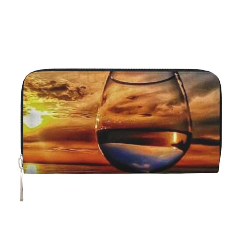 YFSGDLBN Sunset Weinglas Bedruckte Leder Handgeldbörse Lang Echtes Leder Geldbörse Münzbörse, Schwarz , Einheitsgröße von YFSGDLBN
