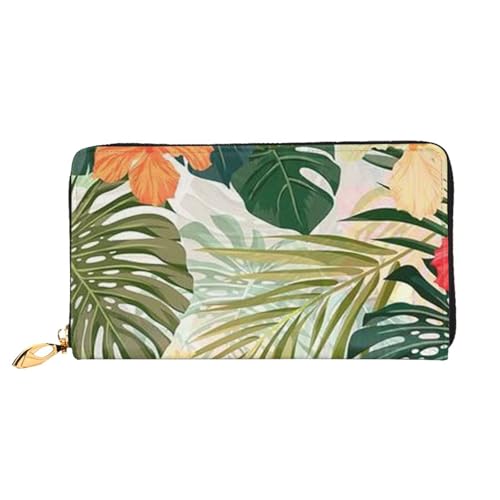 YFSGDLBN Vegetation Leaves with Hibiscus Flowers Printed Long Genuine Leather Wallet Coin Purse Clutch Wallet Zip Card Storage Bag von YFSGDLBN