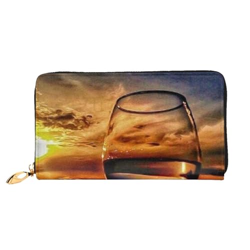 YFSGDLBN Weinglas bedruckt lange Geldbörse aus echtem Leder mit Sonnenuntergangs-Motiv von YFSGDLBN