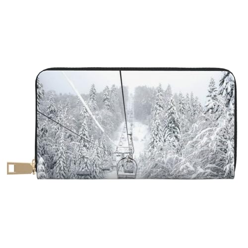 YFSGDLBN Winter Old Cable Ski Lift Printed Long Leather Wallet Clutch Wallet Zip Card Case, weiß, Einheitsgröße von YFSGDLBN
