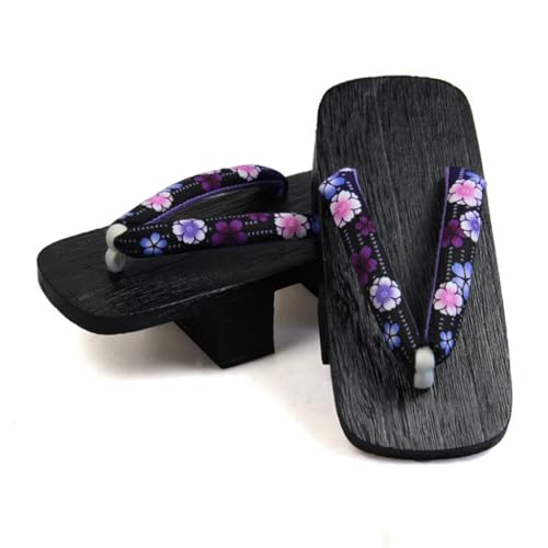 Damen Japanische Holz Clogs Sandalen Japan Traditionellen Geta Hausschuhe,Musterdruck rutschfest Poliert Flip-Flops Traditionellen Hausschuhe(Size:23CM,Color:Schwarz+B) von YFSJJ