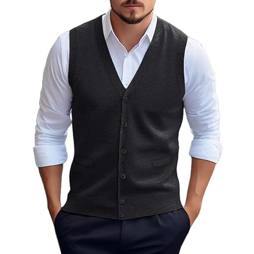 Ärmelloser Herrenpullover, Herren Pullover Strickweste Dicker Woll-Mischpulli Ärmellos Strickjacke mit Knöpfen V-Ausschnitt Weste Business Pullover Strickwaren Herbst Winter Wollweste Dunkelgrau L von YFWOKSL