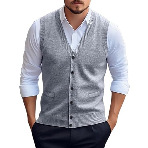 Ärmelloser Herrenpullover, Herren Pullover Strickweste Dicker Wollmischung Pulli Ärmellos Strickjacke mit Knöpfen V-Ausschnitt Weste Business Pullover Strickwaren Herbst Winter Wollweste Hellgrau M von YFWOKSL