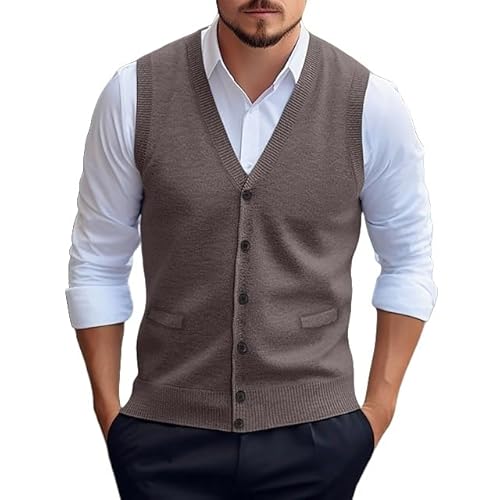 Pulloverweste für Herren, Herren Pullover Strickweste Dicker Woll-Mischpulli Ärmellos Strickjacke mit Knöpfen V-Ausschnitt Weste Business Pullover Strickwaren Herbst Winter Wollweste Hellbraun Xxl von YFWOKSL