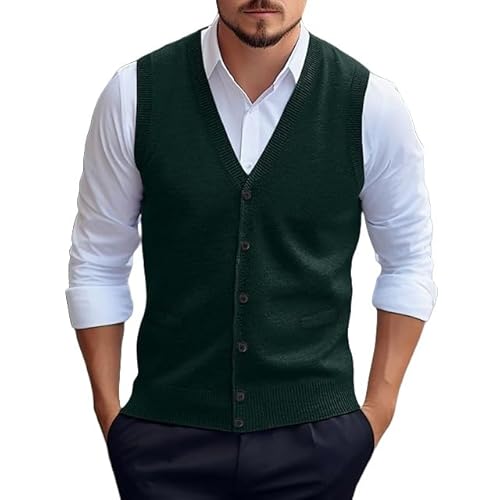 Pulloverweste für Herren, Herren Pullover Strickweste Dicker Wollmischung Pulli Ärmellos Strickjacke mit Knöpfen V-Ausschnitt Weste Business Pullover Strickwaren Herbst Winter Wollweste Grün Xl von YFWOKSL