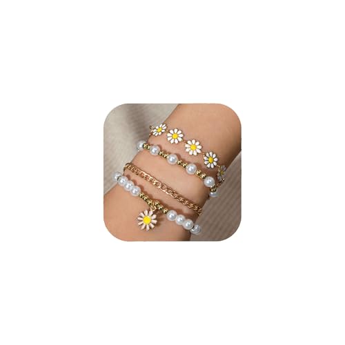 YGBDS Goldenes Gänseblümchen-Armband-Set für Damen, weiße Perlen, Stretch-Perlenarmbänder, mehrlagiges Gänseblümchen-Armband, Sommer, Boho-Armbänder, Schmuck-Set, Small, Legierter Stahl, Kein YGBDS Goldenes Gänseblümchen-Armband-Set für Damen, weiße Perlen, Stretch-Perlenarmbänder, mehrlagiges Gänseblümchen-Armband, Sommer, Boho-Armbänder, Schmuck-Set, Small, Legierter Stahl, Kein von YGBDS