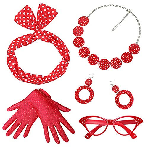YGCHEN 50er Jahre Damen Carnival Costume Accessoires Katzenaugen Brille Polka Dots Stirnband Rockabilly Ohrringe Polka Dot Halskette Rot Handschuhe 50er 60er Jahre Damen Zubehör 5 Stk von YGCHEN