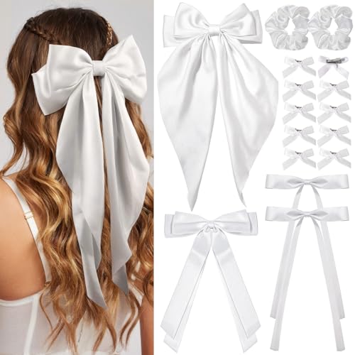 YGDZ 16-teiliges weißes Haarschleifen-Set, übergroße Haarschleifen, seidige Satin-Haarschleife, Haarschleifen für Frauen in verschiedenen Größen mit Haargummis für Mädchen, Haarschmuck für von YGDZ