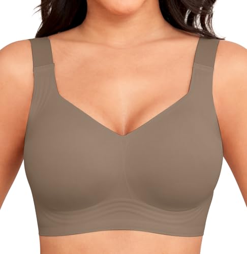 YGJIEGENG BH Damen Ohne Bügel V-Ausschnitt Klassische Soft Nahtloser Bügelloser BH Komfort Büstenhalter Große Größen Guter Halt Coffee XL von YGJIEGENG